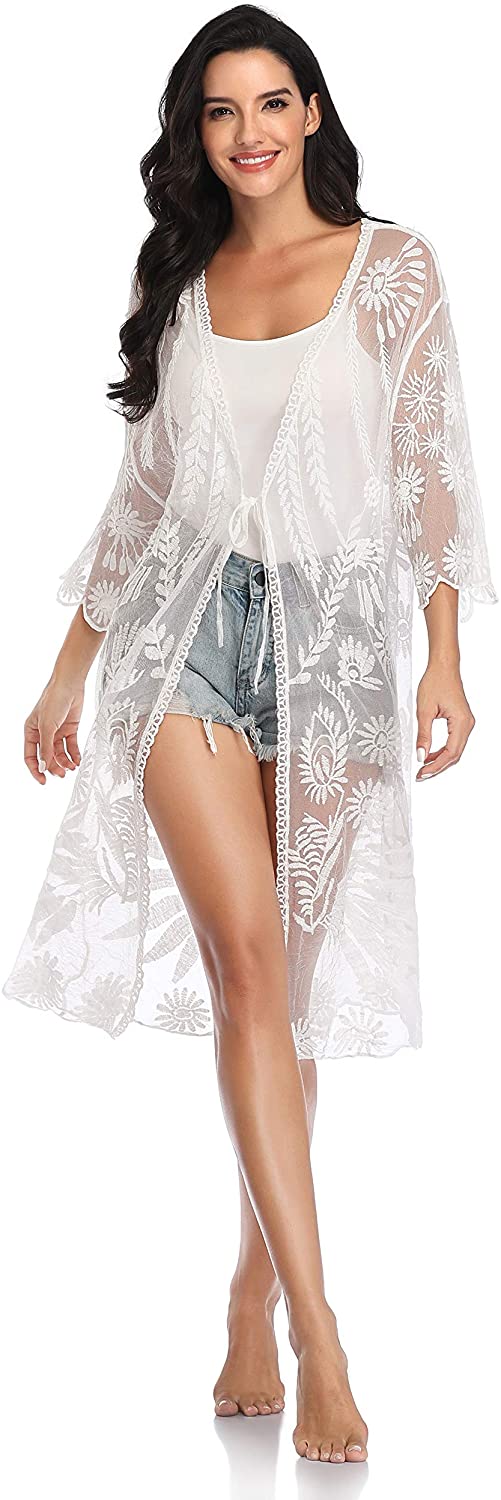 Price:$15.99 Swimwear Lace Bathing Suit Bikini Cover Up 3/4 Sleeve Beachwear Open Front Sexy Robes for Lady White : Clothing, Shoes & Jewelry