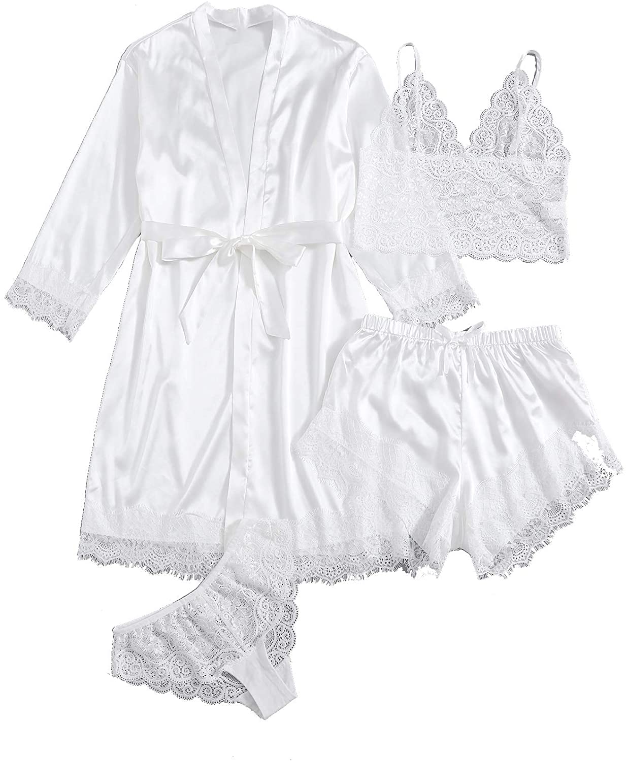 Price:$17.99 HUX Women's Sleepwear 4pcs Floral Lace Trim Satin Cami Pajama Set with Robe at Amazon Women’s Clothing store
