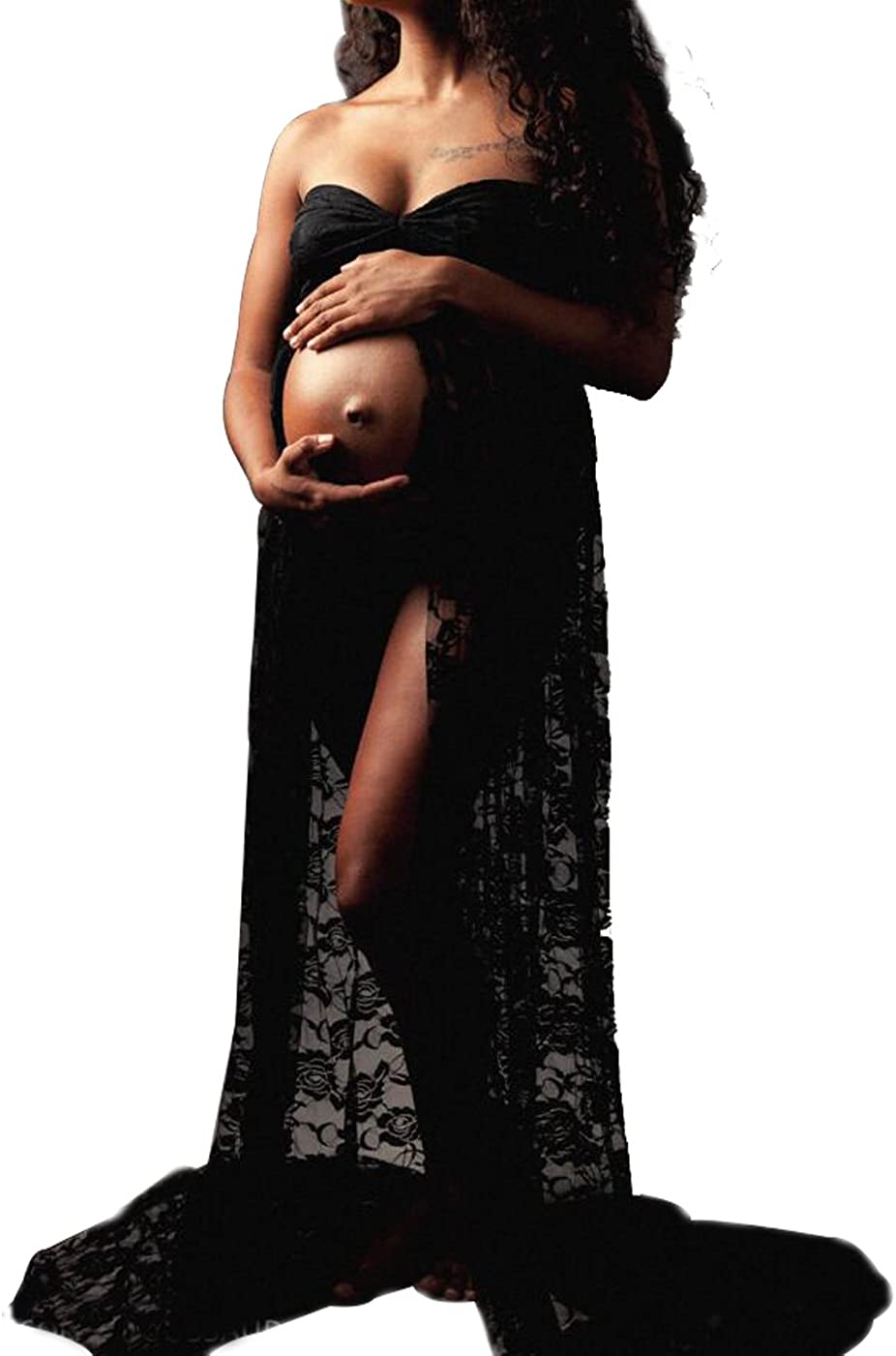 Price:$27.99 Maternity Off Shoulder Split Front Lace Dress Sleeveless Maxi Dress at Amazon Women’s Clothing store