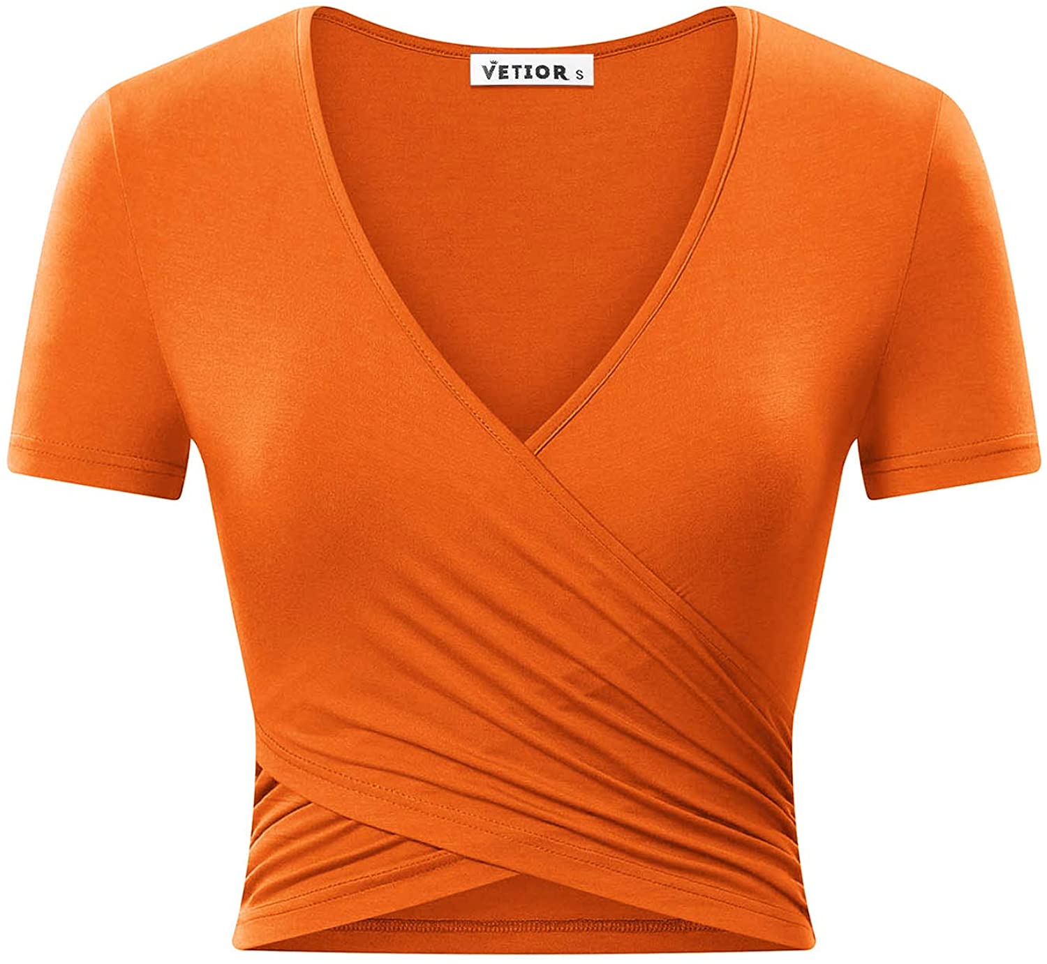 Price:$15.99 Women's Deep V Neck Short Sleeve Unique Slim Fit Cross Wrap Shirts Crop Tops at Amazon Women’s Clothing store