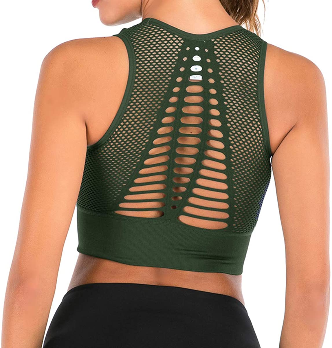 Price:$10.99 Impact Seamless Sports Bra for Women Cut Out Back Removable Padded Yoga Venting Crop Tank Tops at Amazon Women’s Clothing store