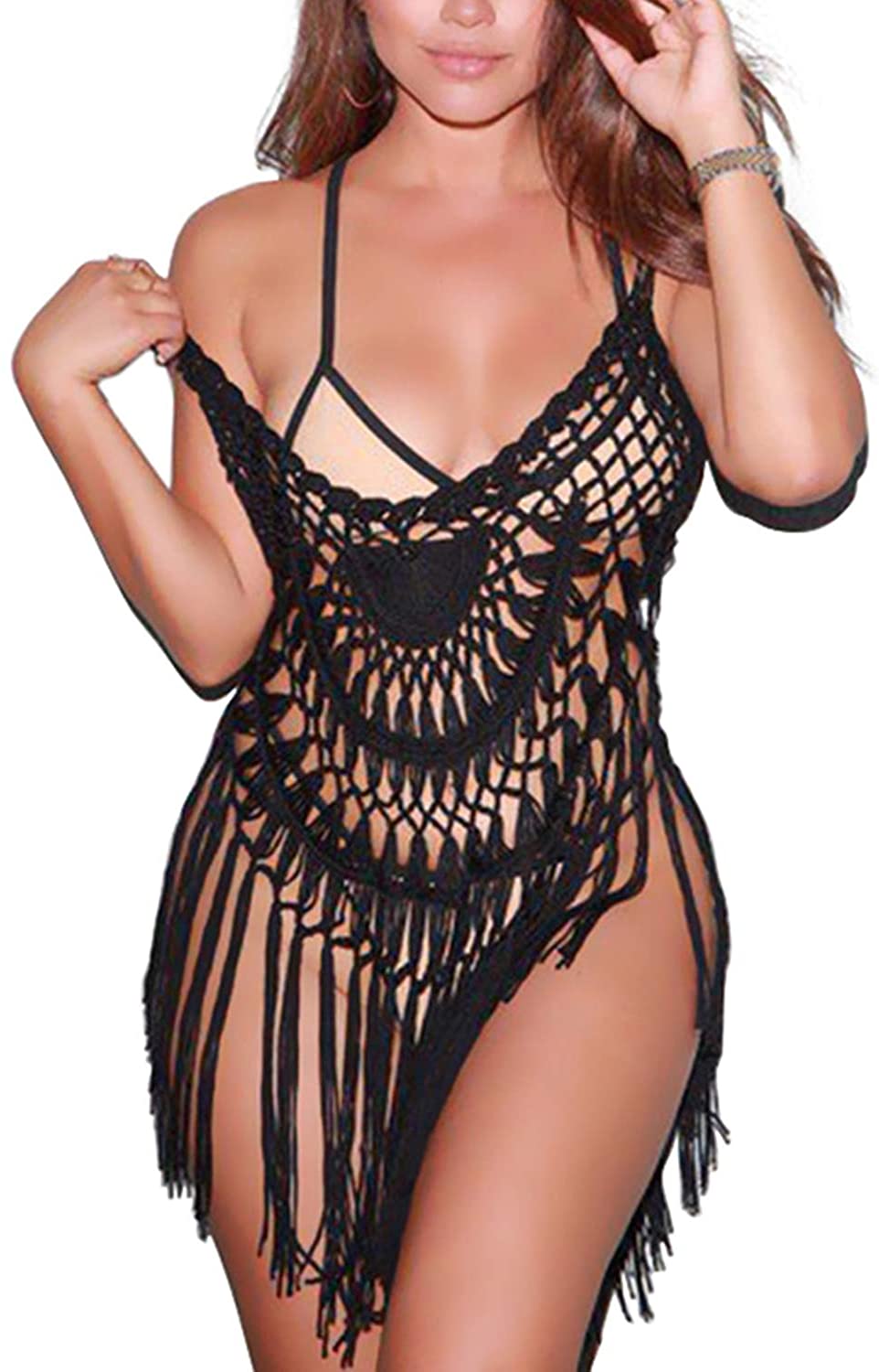 Price:$11.00 Sexy Lace Bathing Suit Handmade Crochet Tassel Bikini Swimwear Cover Up Summer Beach Dress at Amazon Women’s Clothing store