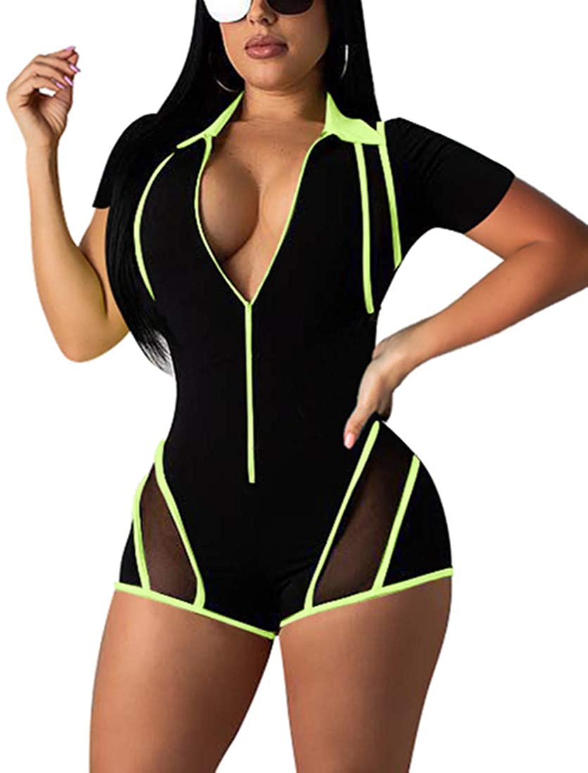 Price:$19.99 Women's Sexy One Piece Bodycon Romper Club Outfits Front Zipper Shorts Jumpsuit : Clothing, Shoes & Jewelry