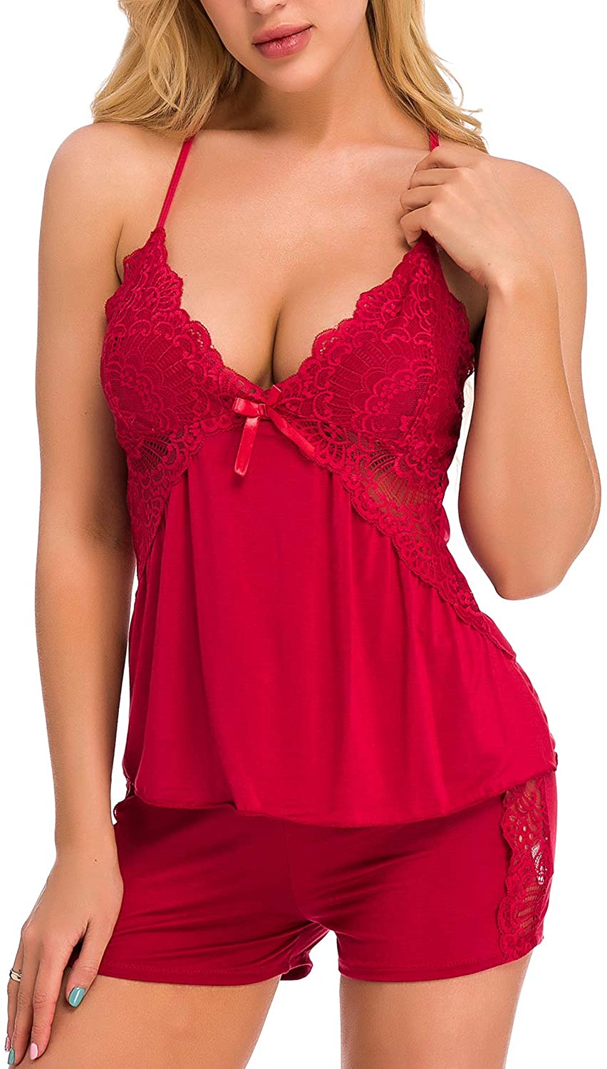 Price:$15.99 Women Lace Pajamas Set Shorts Nightwear Camisole Sets Sexy Sleepwear S-2XL (Red, S) at Amazon Women’s Clothing store