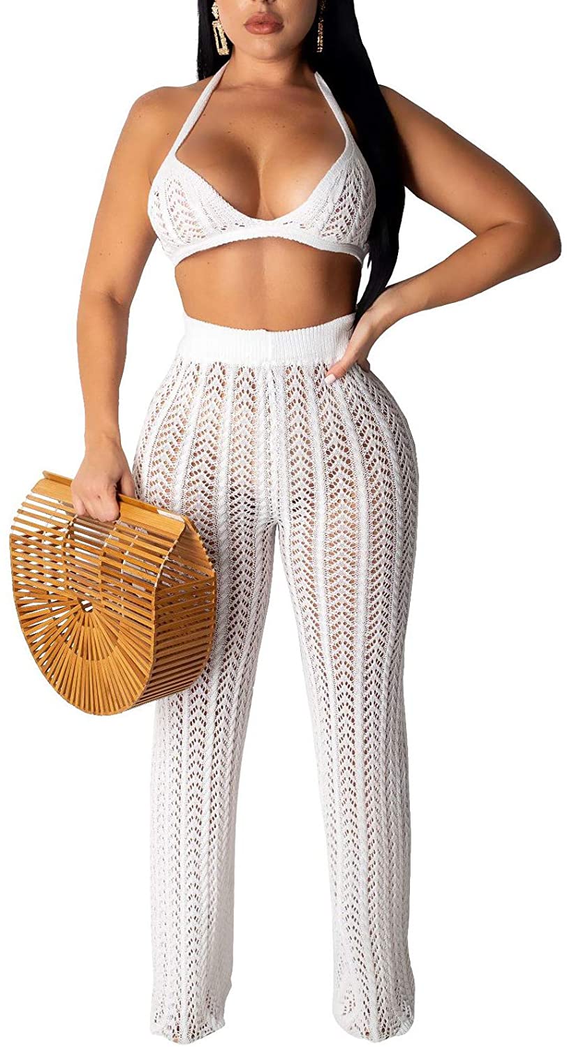 Price:$33.69 Women Hollow Out Knitted See Through 2 Piece Outfits Halter Bandeau Top Long Pant Bikini Cover up at Amazon Women’s Clothing store
