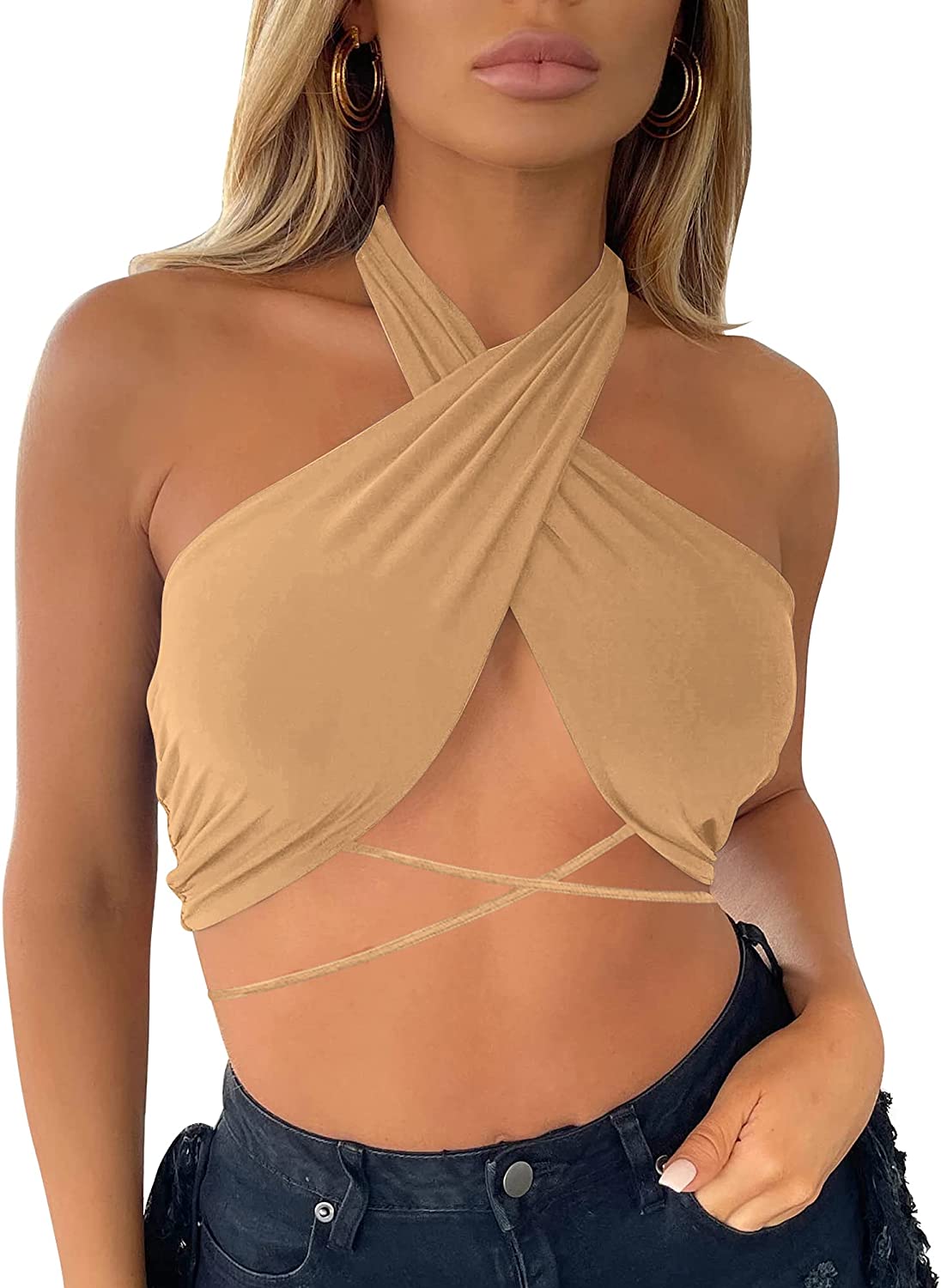 Price:$9.99 Sexy Criss Cross Halter Backless Crop Tank Top Self Tie Sleeveless Camisole at Amazon Women’s Clothing store