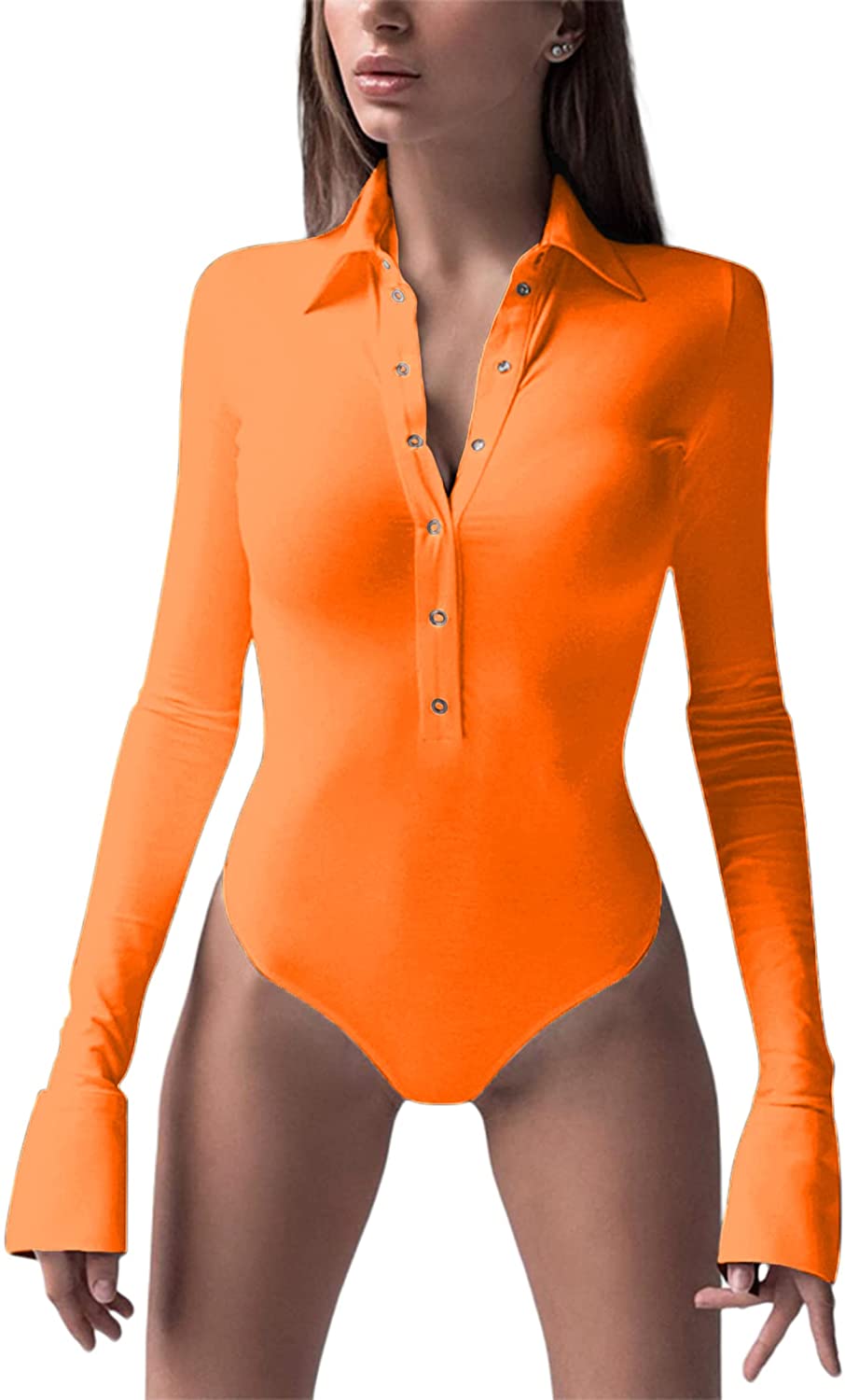 Price:$18.99 Womens Collared Long Sleeve Bodysuit Button Down Stretchy Bodycon Leotard Top at Amazon Women’s Clothing store