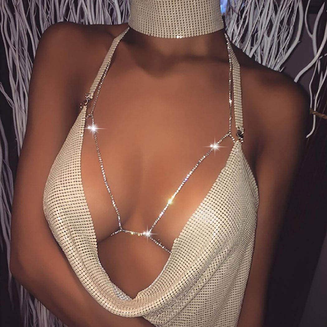 Price:$7.99 Party Sparkle Rhinestones Bra Bikini Chain Crystal Chest Chain Harness Body Chain Summer Beach Nightclub Jewelry Adjustable for Women and Girls (Silver) : Clothing, Shoes & Jewelry