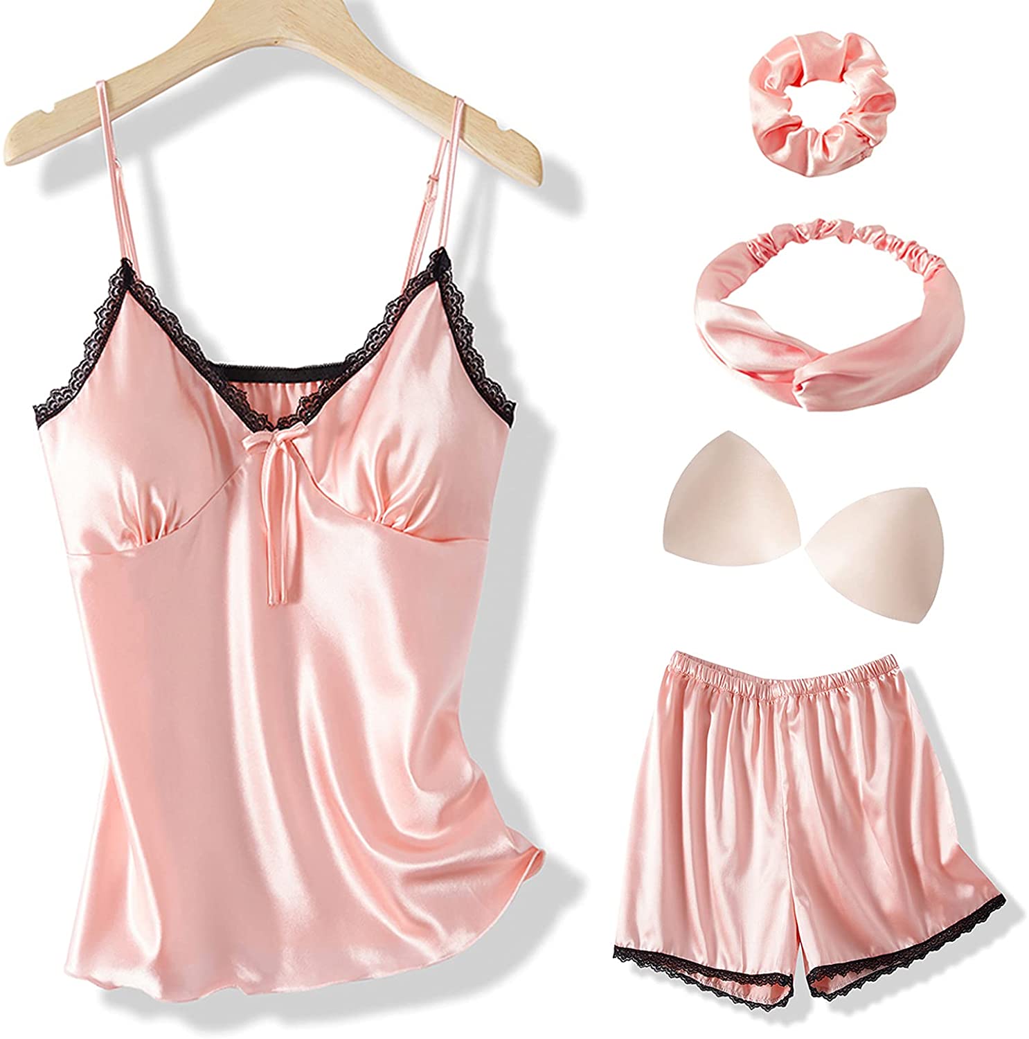 Price:$9.90 Silk Pajamas for Women 4 Piece Lace Cami Shorts Set Satin Sleepwear Sexy Nightwear at Amazon Women’s Clothing store