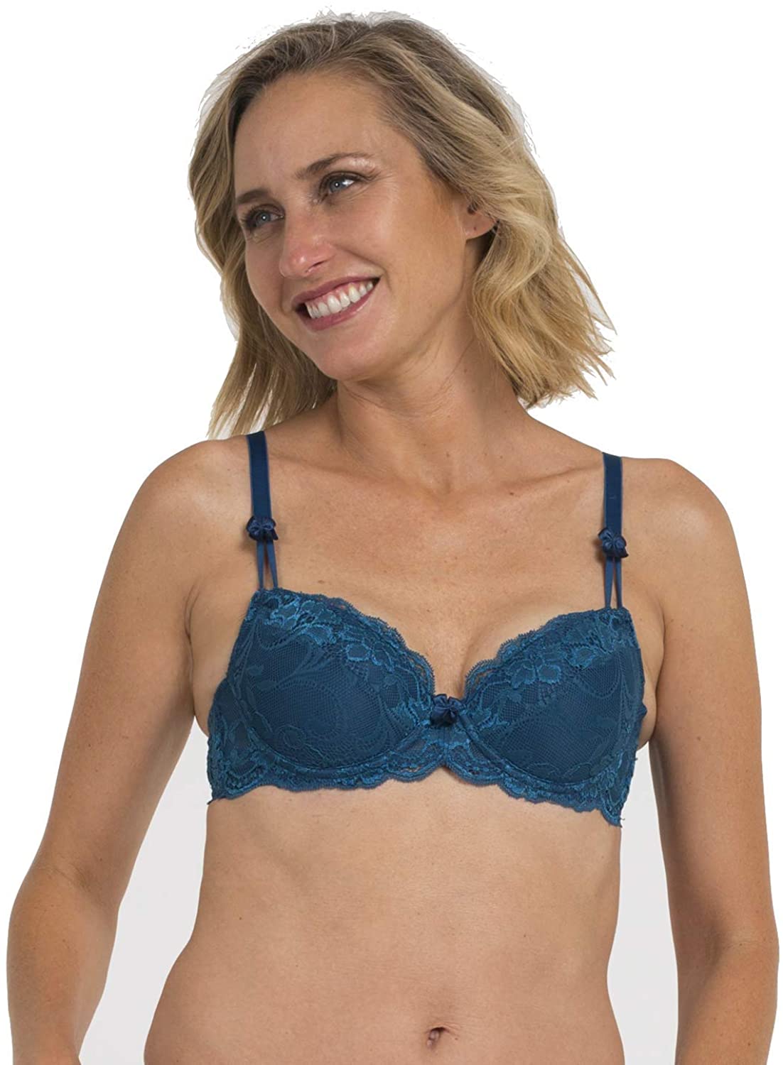 Price:$17.99 Lace Bras for Women – Modern Double Push Up Bra – Preformed Cup and Bows at Amazon Women’s Clothing store