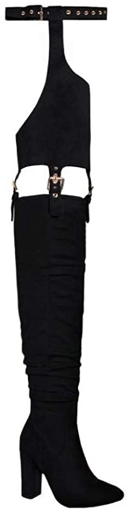 Price:$77.99 Fashion Thigh High Boots,Chunky Heel Belted Thigh High Sexy Belted Suspender Boots -Winter Over Knee Fashion Heeled Boots Faux Suede,Solid Pointed Toe,Black Heeled Boots | Over-the-Knee