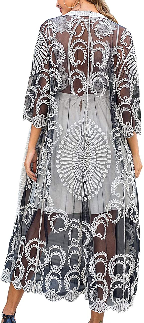 Price:$22.99 Sexy V Neck Open Front Boho Long Lace Kimono Duster Crochet Bathing Suit Cover Ups Black White at Amazon Women’s Clothing store