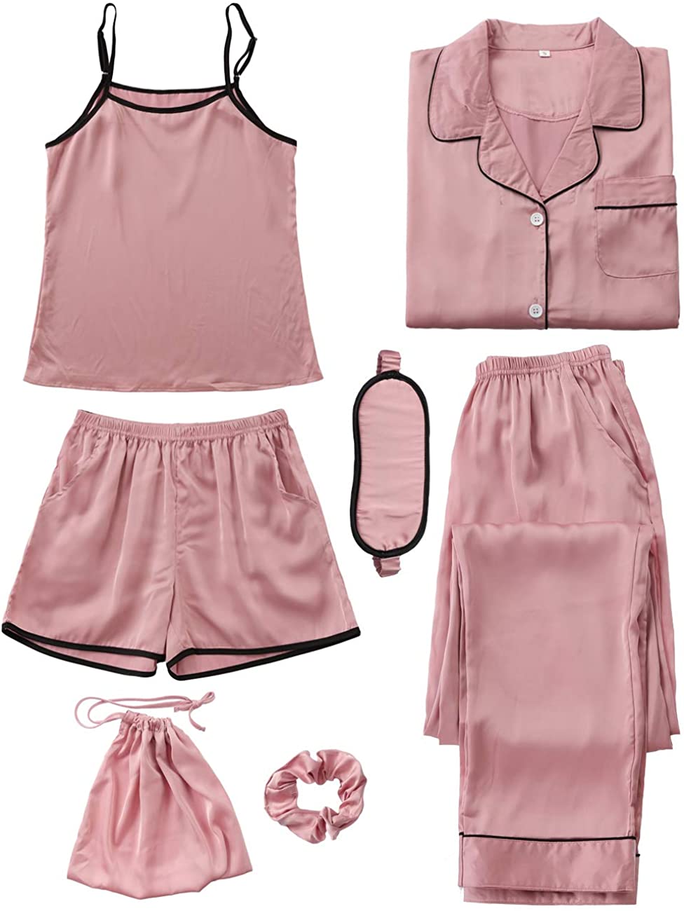 Price:$23.99 Women's 7pcs Pajama Set Satin Silk Sexy Cami Shorts Set Pjs and Button Down Long Sleeve Shirt Sleepwear Loungewear at Amazon Women’s Clothing store