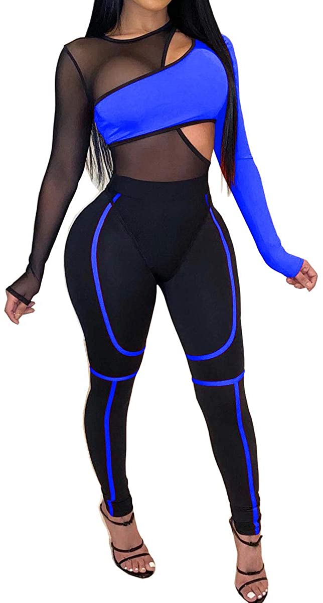 Price:$28.99 Clau Women's Sheer Mesh Two Piece Jumpsuits See Through Long Sleeve Bodysuit Skinny Long Pants Club Romper : Clothing, Shoes & Jewelry