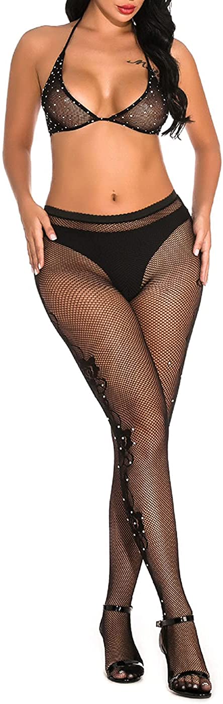 Price:$10.66 Women's Fishnets Stockings Sparkle Rhinestone Bra High Waist Tights Lingerie Sets Thigh High Mesh Fish Nets Stocking Crystal Pantyhose Sheer Black at Amazon Women’s Clothing store