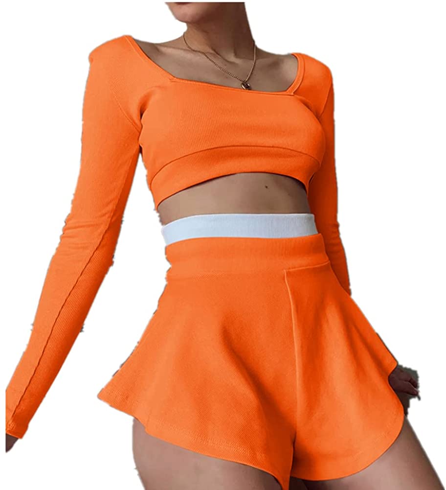 Price:$12.99 Square Neck Long Sleeve Crop Top and Shorts Culottes Sports Suit Two Piece Set (Orange, L) at Amazon Women’s Clothing store