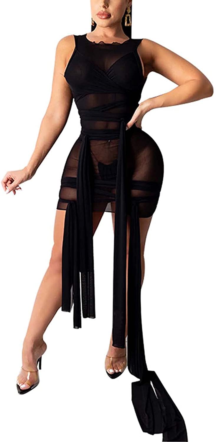 Price:$20.99 Womens Sexy See Through Mesh Sleeveless Bodycon Mini Dress Bandage Clubwear at Amazon Women’s Clothing store