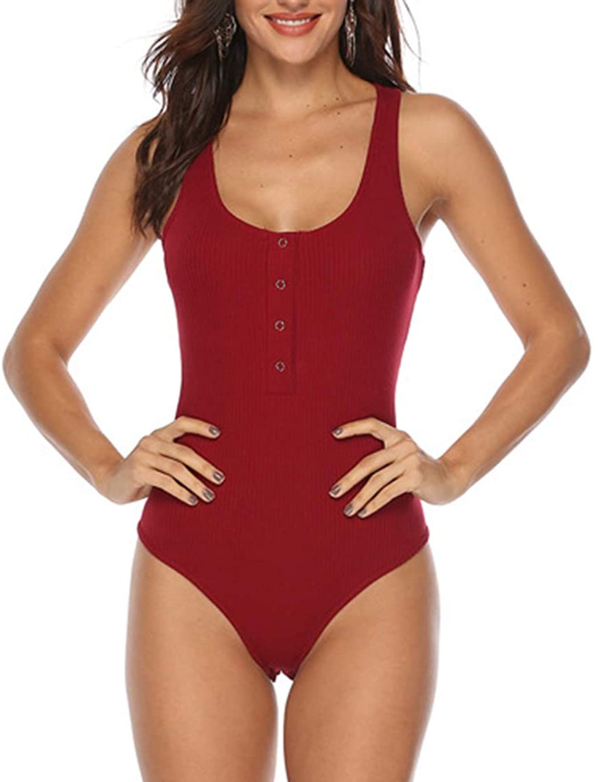 Price:$14.99 Women's Racerback Basic Tank Top Button Down Ribbed Sexy Bodycon Stretchy Bodysuit at Amazon Women’s Clothing store