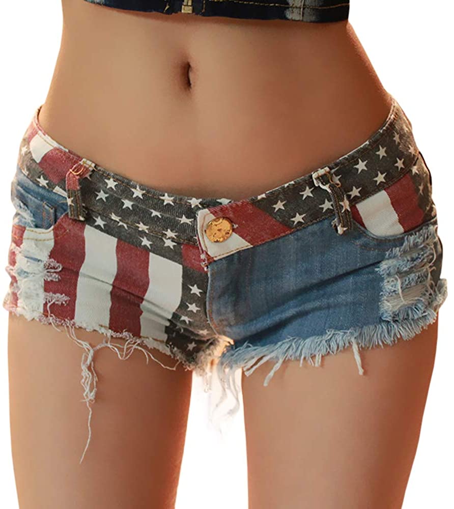 Price:$8.99 Women's Sexy Low Waist Rise Hot Pants American Flag High Cut Mini Denim Bandage Beach Clubwear Booty Shorts at Amazon Women’s Clothing store