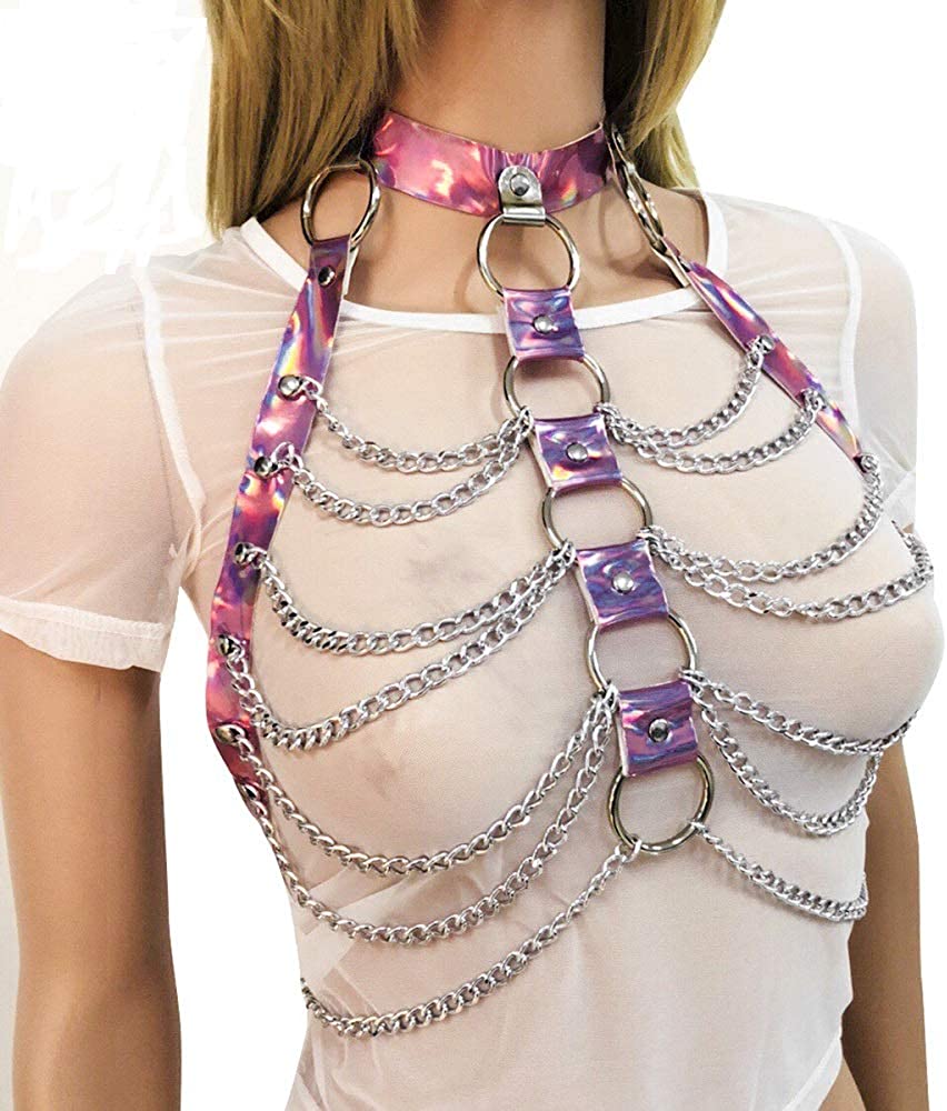 Price:$20.22 Festival Punk Waist Belt Body Chain Faux Leather Harness EDM Rave Clothes Choker Chain Caged Bra Belt : Clothing, Shoes & Jewelry