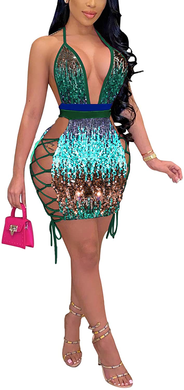 Price:$21.99 Women Sexy Seqin Bandage Lace Up Drawstring Mini Party Dress Clubwear : Clothing, Shoes & Jewelry