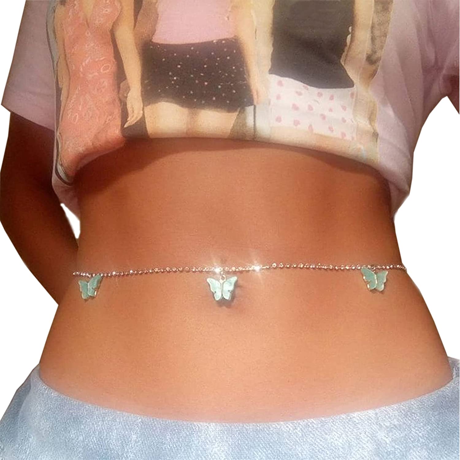 Price:$7.99 Sexy Butterfly Belly Waist Chain Rhinestone Body Chain Butterfly Pendant Thong Waist Chain for Women Body Jewelry (Silver)