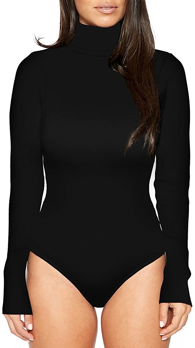 Price:$15.99 High Neck Top Bodysuit Long Sleeve Bodycon Romper Solid Thong Leotard at Amazon Women’s Clothing store