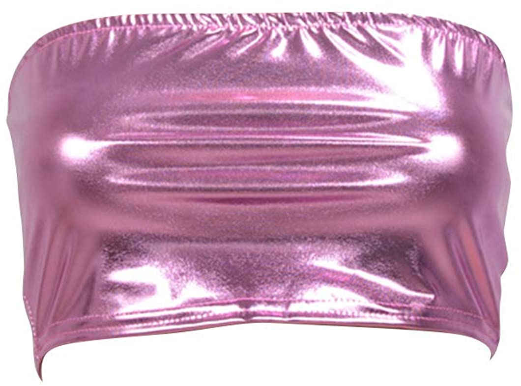 Price:$12.95 Women's Shiny Metallic Strapless Crop Tube Top Rave Bandeau Bra at Amazon Women’s Clothing store