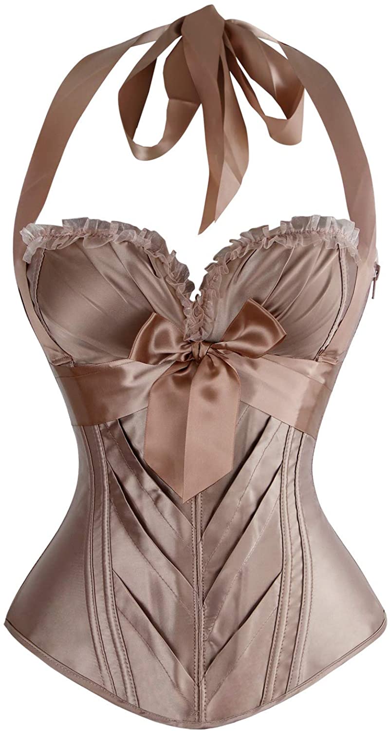 Price:$33.99 Women's Burlesque Vintage Satin Halter Boned Zipper Bustier Corset Top at Amazon Women’s Clothing store