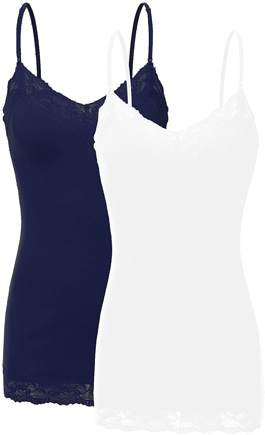 Price:$16.99 XT1004L Pack Ladies Adjustable Spaghetti Strap Lace Trim Cami Tank Top 2Pack-White/Navy 3XL at Amazon Women’s Clothing store