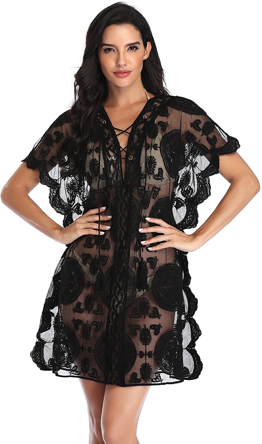 Price:$15.99 Swimwear Lace Bathing Suit Bikini Cover Up Beachwear Sexy Robes for Lady Black at Amazon Women’s Clothing store