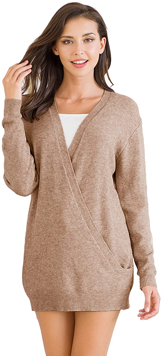 Price:$30.99 Women's Casual Deep V Neck Pullover Sweaters, Long Sleeve Knitted Jumper Tops, Wrap Front Loose Blouse at Amazon Women’s Clothing store