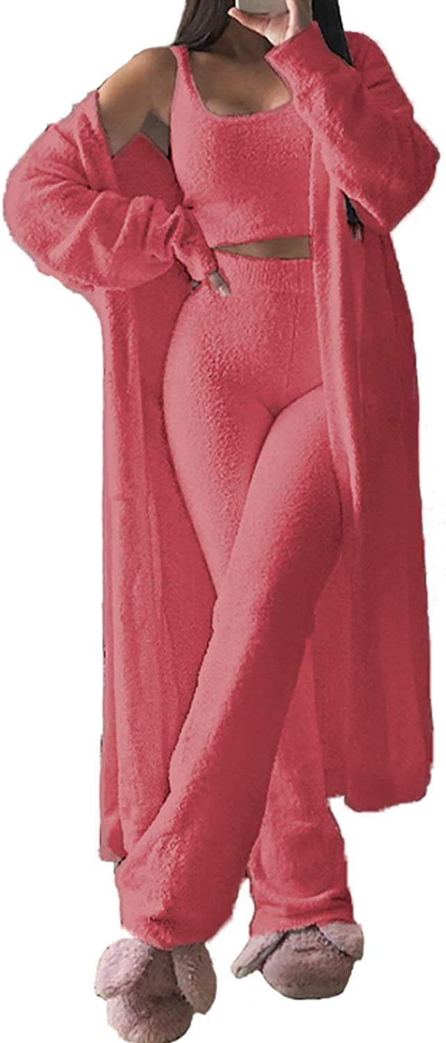 Price:$26.99 Women's Fuzzy 3 Piece Lounge Sets Tank Top Wide Leg Pants Cardigan Jacket Fleece Pajamas Set at Amazon Women’s Clothing store