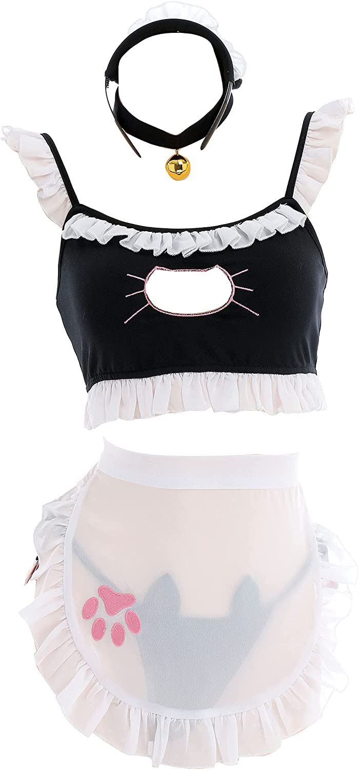 Price:$31.99 Women’s Cat Girl Maid Style Lingeries Cosplay Costume Outfit with Apron Necklace Headband: Clothing, Shoes & Jewelry