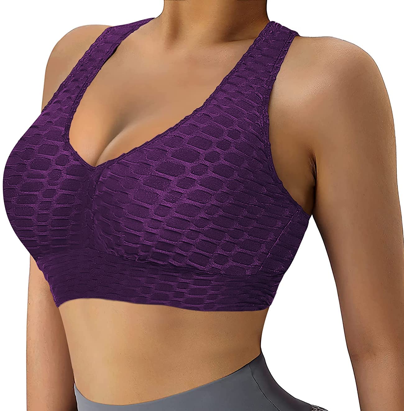 Price:$3.74 Women Textured Leggings Matching Sport Bra Medium Support Workout Bra Crop Top at Amazon Women’s Clothing store