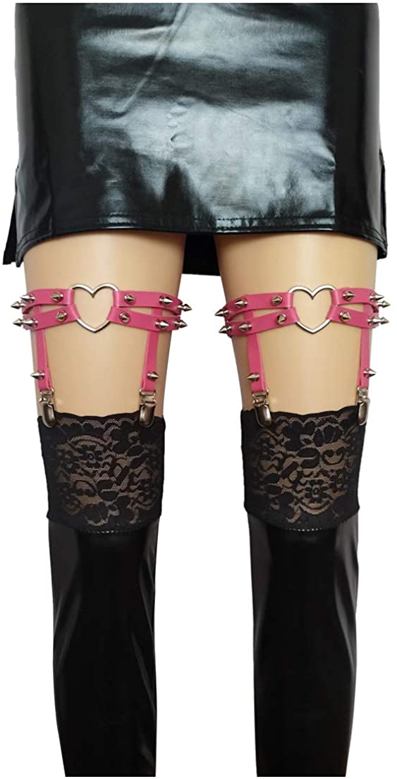 Price:$18.99 Size Fat Thick Thighs Women Garter Girl Sexy Leather Heart Garters Punk Rock Rivet Stud Leg Ring 2pcs Rose Red : Clothing, Shoes & Jewelry