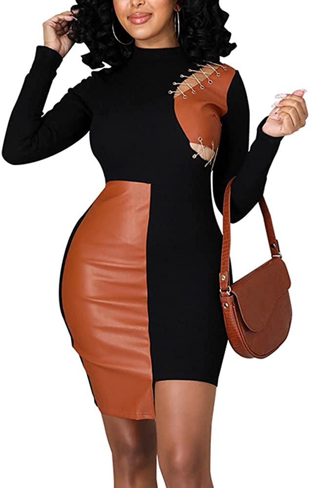 Price:$33.99 Women's Bandage Faux Leather Patchwork Dress Bodycon Lace Up Club Short Mini Corset Dress : Clothing, Shoes & Jewelry