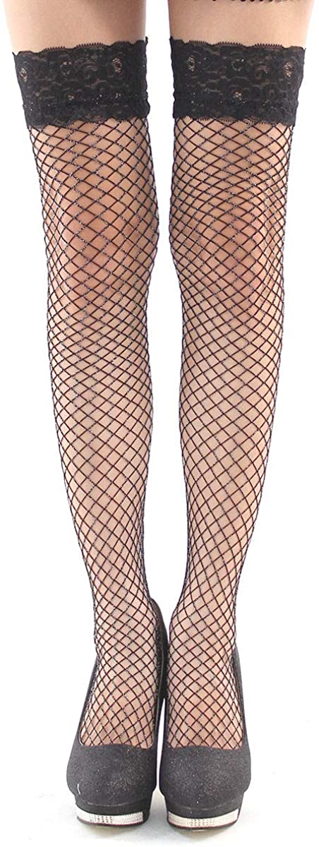Price:$10.99 Sexy Fishnet Thigh High Stockings with Lace, Fishnet Sheer Thigh High socks for stockings with Spun Sliver, One Size, Black : Clothing, Shoes & Jewelry