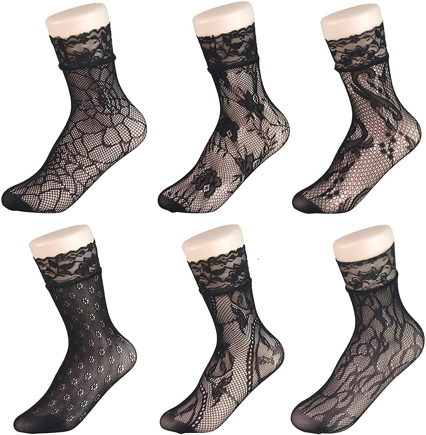 Price:$14.99 6 Pairs Women Lace Ankle Socks Fishnet Short Stockings Black 3 at Amazon Women’s Clothing store