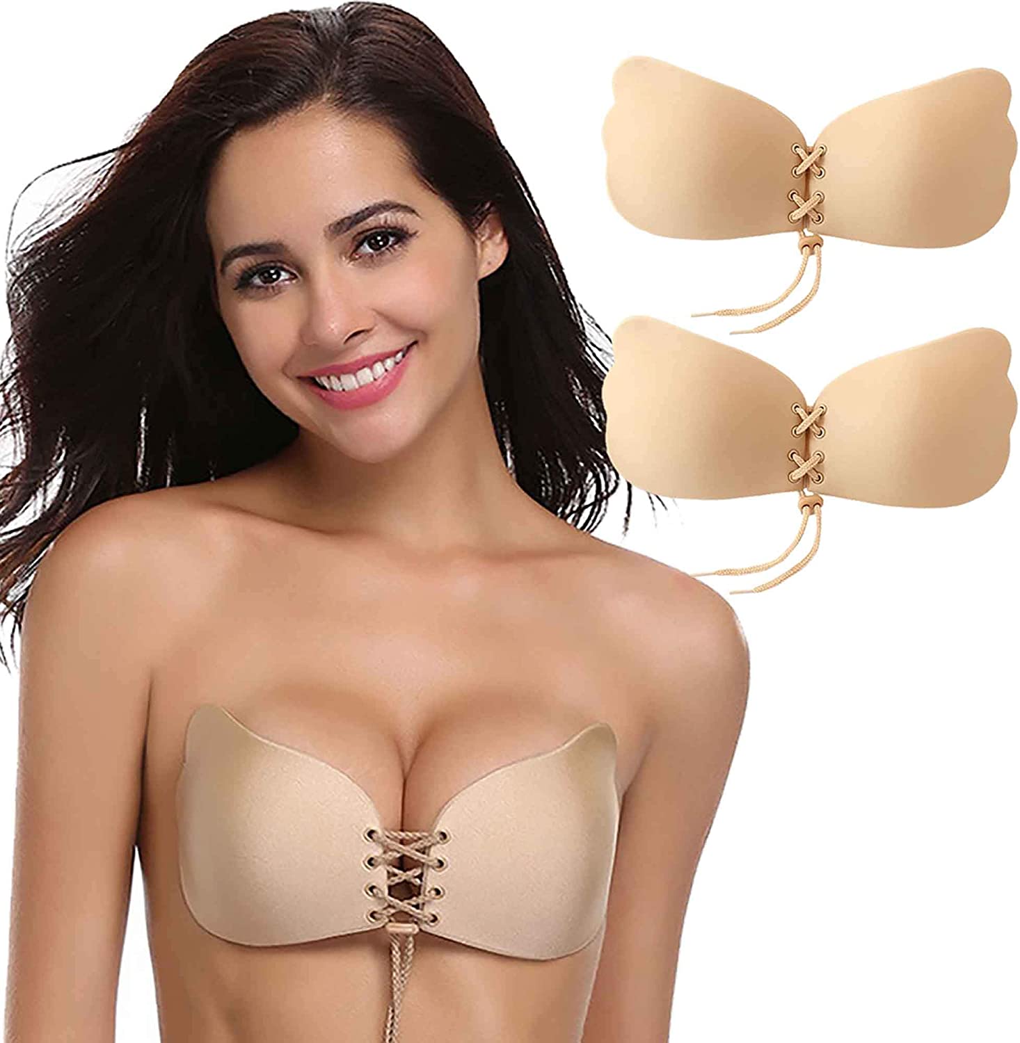Price:$15.99 Pack Reusable Push Up Sticky Bra, Invisible Bra Backless Strapless Bra Adhesive Bra Nipple Covers for Women(B) Beige at Amazon Women’s Clothing store