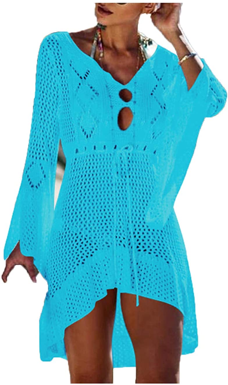 Price:$18.99 Agio Beach Tops Sexy Floral Knit Cover Dresses Bikini Cover-ups Net Hollow Out Light Sky Blue at Amazon Women’s Clothing store