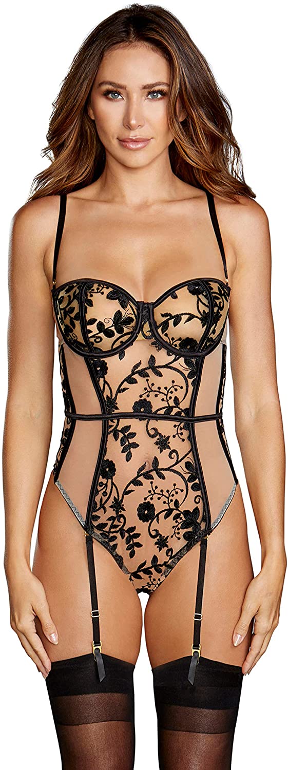 Price:$41.09 womens Sheer Nude Stretch Mesh Teddy With White Embroidery: Clothing, Shoes & Jewelry