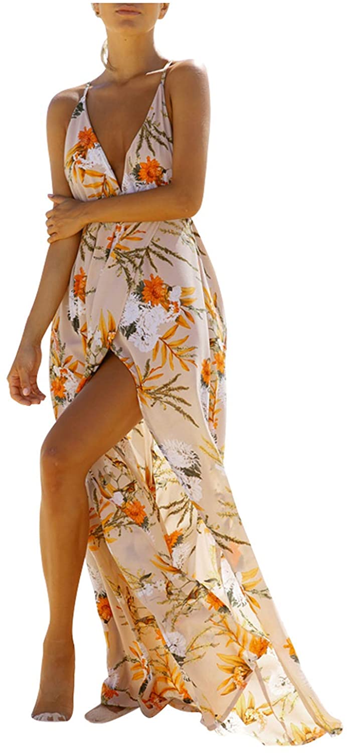 Price:$15.99 Women's Sexy Deep V Neck Backless Floral Print Split Maxi Party Dress : Clothing, Shoes & Jewelry
