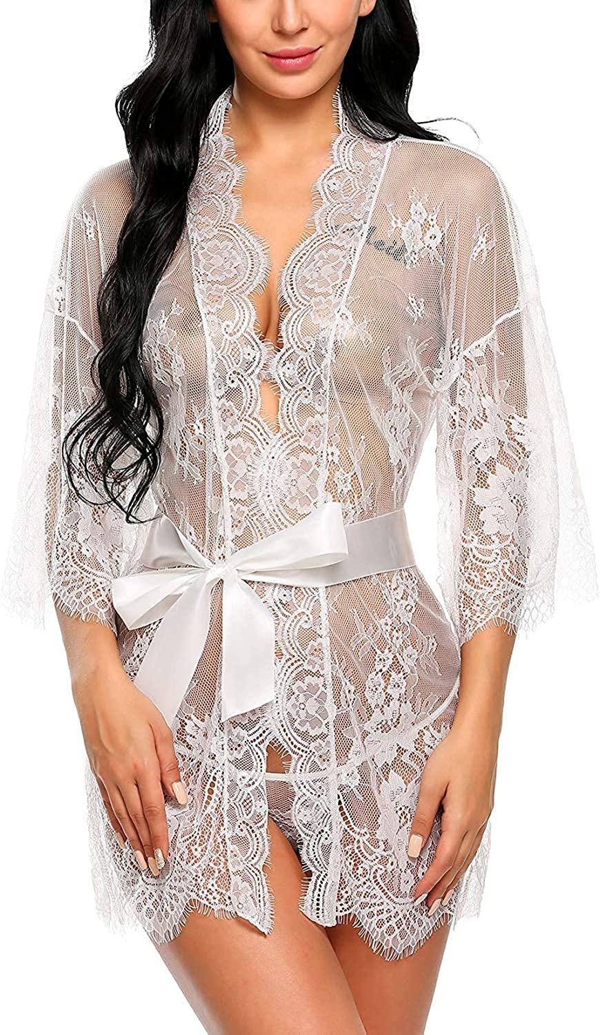 Price:$14.99 SEKSI Sheer Lace Kimono Robe Babydoll Nightgown Lingerie for Women at Amazon Women’s Clothing store