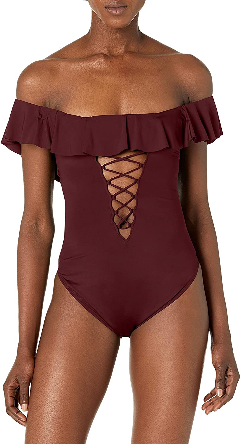 Price:$48.70 Blanca Women's Island Goddess Off Shoulder Ruffle One Piece Swimsuit at Amazon Women’s Clothing store