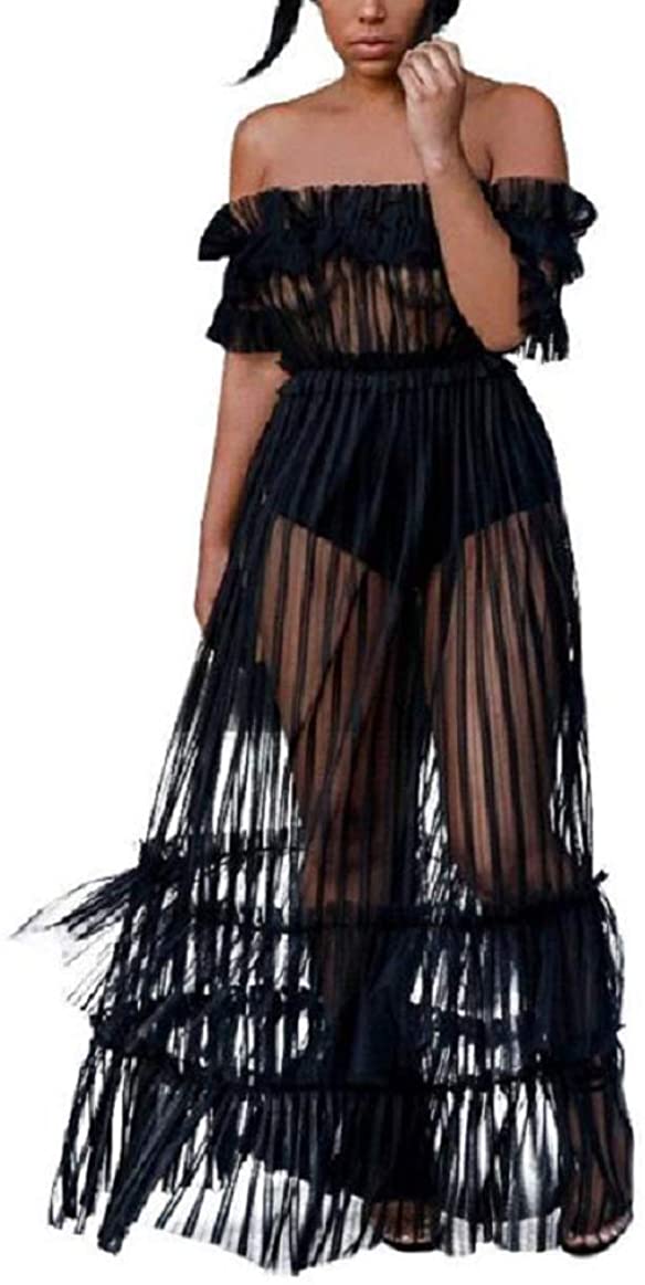 Price:$23.99 Sexy Lace Off Shoulder Mesh See Through Long Pleated Maxi Dress Club Party Gown at Amazon Women’s Clothing store