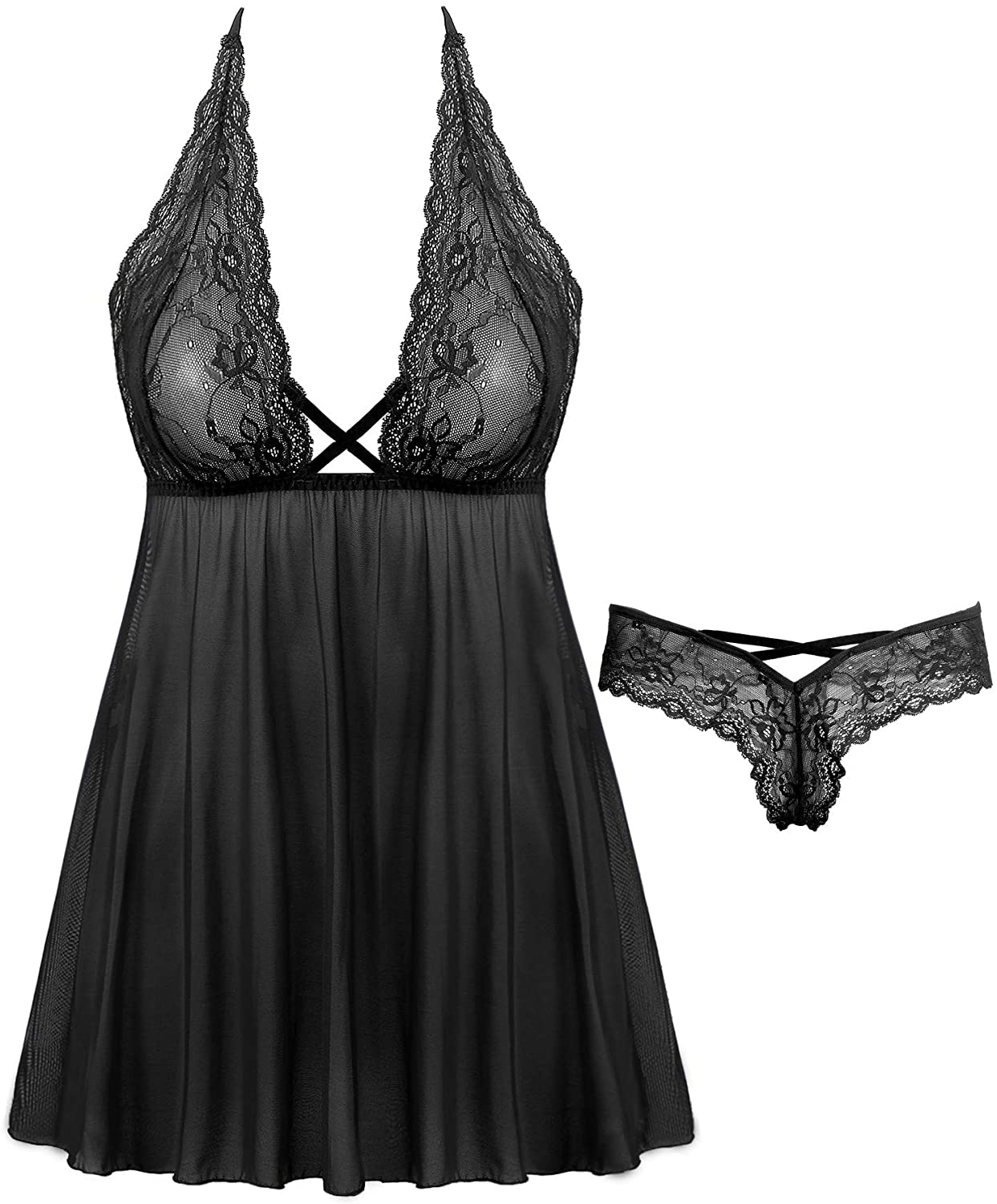 Price:$15.99 Womens Sexy 2 Piece Lingerie Set Lace Babydoll Dress Mesh Nighty at Amazon Women’s Clothing store