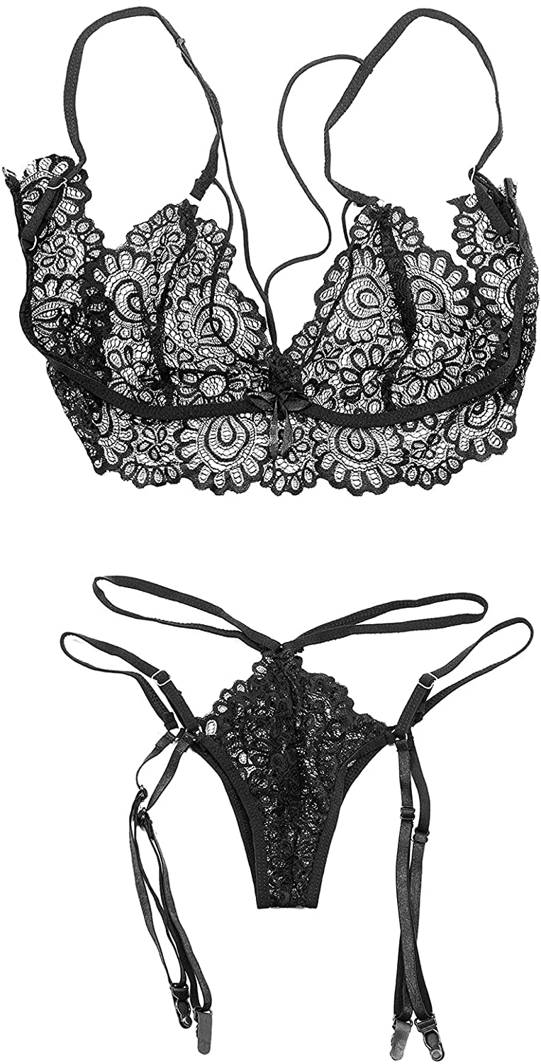 Price:$16.99 Women Sexy Lingerie Lace Bralette panty Set and Silk Stocking: Clothing, Shoes & Jewelry
