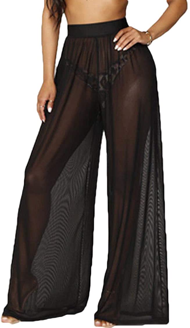 Price:$8.88 Women See Throug Mesh Flare Cover up Pants Swimsuit Bikini Bottom Cover up Elastic Waist Wide Leg Palazzo Trousers at Amazon Women’s Clothing store