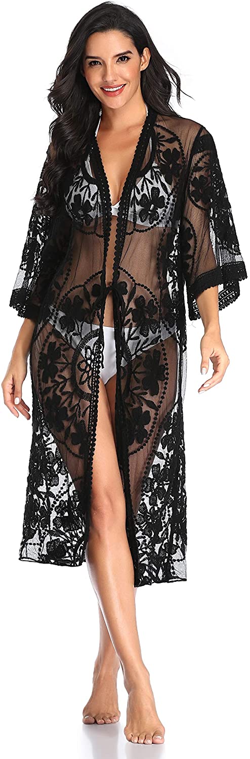 Price:$15.99 Swimwear Lace Bathing Suit Bikini Cover Up Long Sleeve Beachwear Open Front Sexy Robes for Lady Black : Clothing, Shoes & Jewelry